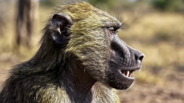 Close-Up Portrait of a Baboon in Its Natural Habitat Showcasing Facial Features and Fur Details Against a Savanna Background