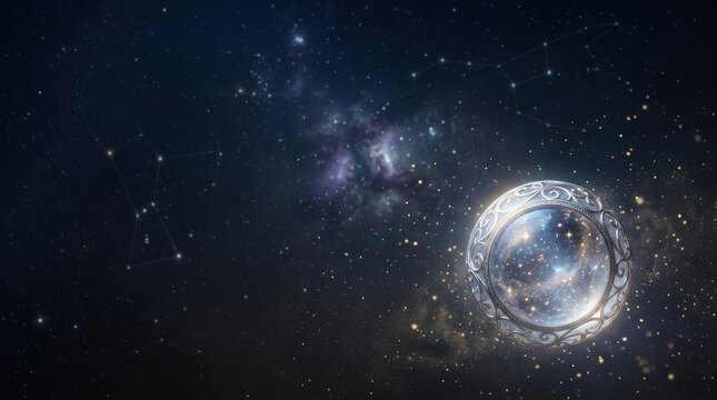 Ornate crystal sphere floating in deep space, cosmic energy and spiritual divination, conceptual background for esoteric self-discovery and meditation