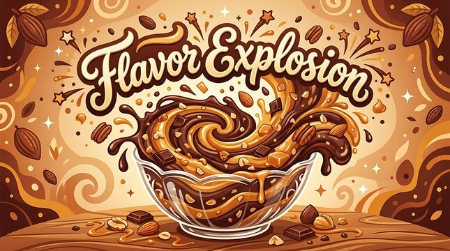 A vector drawing of a mixture of chocolate and caramel fudge with the words "Flavor Explosion"