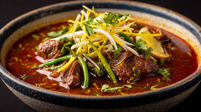 A bowl of rich, spicy beef stew or curry garnished with fresh herbs, julienned ginger, and green chili peppers