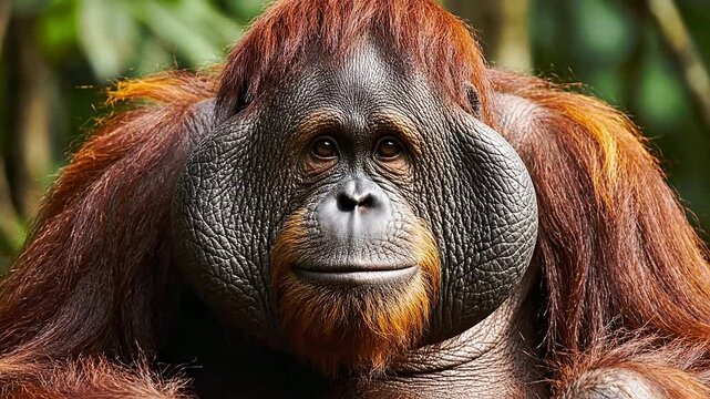 Close-Up Portrait Of An Orangutan Featuring Striking Facial Features And Expression In A Natural Forest Habitat