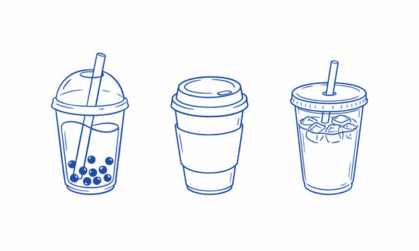 Vector set of hand drawn drinks to go including coffee cup, bubble tea, and iced beverage, isolated illustration