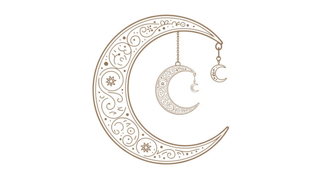 Ornate crescent moons hanging from chains with decorative swirls and stars celestial night