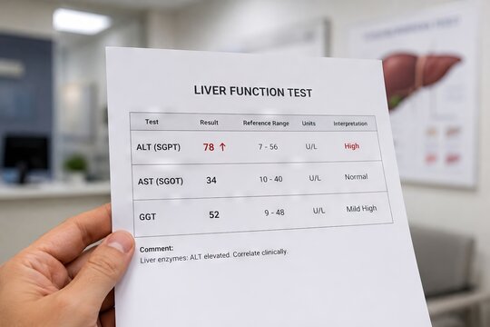 Close-up of liver function test results in medical clinic office setting with elevated alt levels. concept of health monitoring, medical diagnosis, preventive healthcare