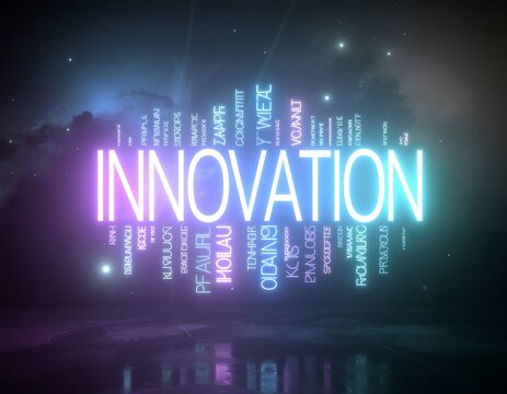 Neon glowing innovation word concept with digital typography.