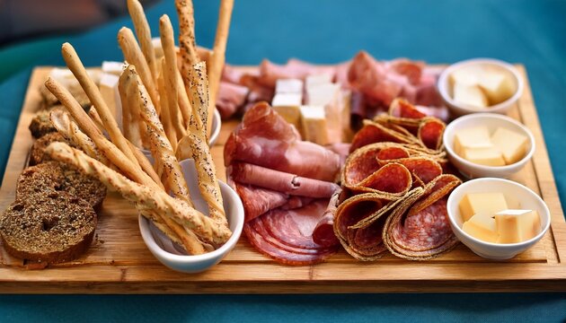 close up of a variety of bread sticks cold cuts and cheeses including salami ham brie and camembert served to guests buffet style as appetizers at a wedding reception or event