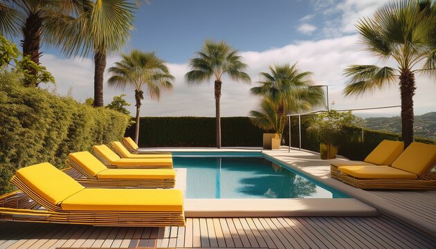 a serene mid century modern pool surrounded by palm trees and yellow loungers against a sunny sky ideal for relaxation and vintage style aficionados