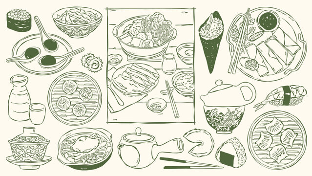 Hand-drawn green line art set of Asian dishes