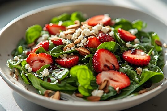 spinach and strawberry salad topped with feta cheese and almonds