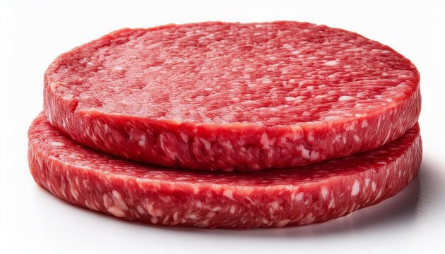raw wagyu beef burger patties two thick stacked patties with fine marbling on white background