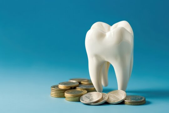 Tooth surrounded by coins showing the financial impact of dental care on a blue backdrop