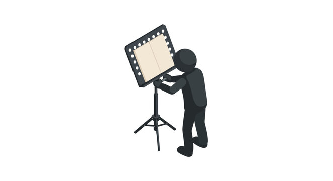 Silhouette figure adjusting large studio softbox lighting setup.