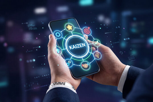 Professional hands holding smartphone displaying kaizen concept