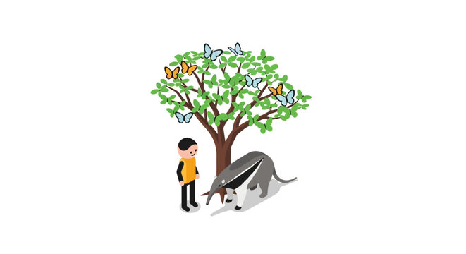 Boy and playful zebra under colorful tree illustration.