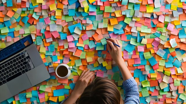 Worker surrounded by colorful sticky notes manages multiple tasks. A laptop and coffee cup suggest a busy, deadline driven environment, highlighting the chaos and stress of multitasking