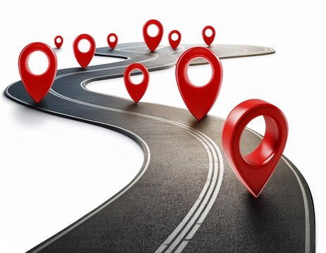 winding road with multiple red location markers isolated on a white background 3d rendering concept of navigation and journey