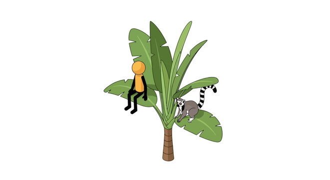 Whimsical scene with lemur and explorer on banana plant.