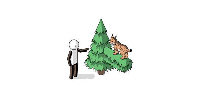 Whimsical illustration of man finding dog in pine tree.