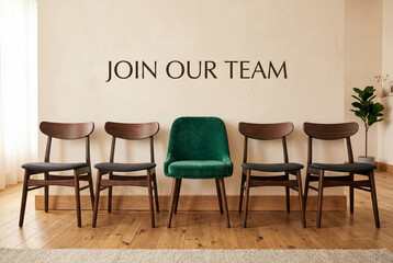 Fototapeta premium Four dark wooden chairs and one green upholstered chair against a wall reading join our team