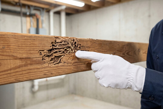 Professional pest control technician pointing at active termite damage on a wooden house beam