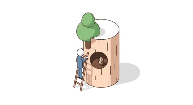 Whimsical treehouse built inside a large wooden stump.