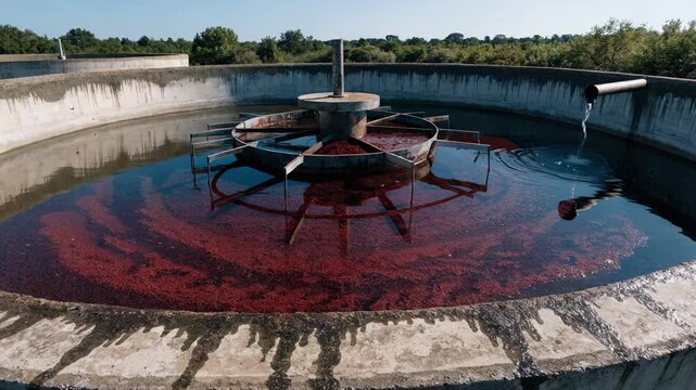 Medium shot of an openair clarification tank with red mud settling gently in the basin under clear skies highlighting industrial water treatment processes