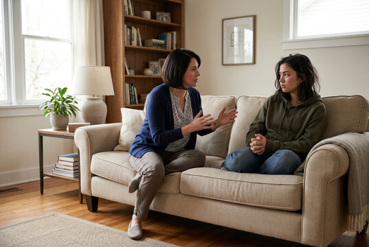 Mother and teenage daughter having serious conversation on living room sofa