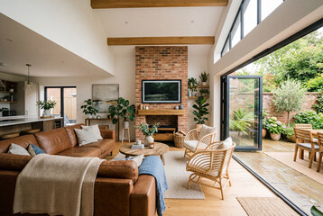 Naklejka premium Modern open plan living room with leather sofa brick fireplace and glass doors to garden