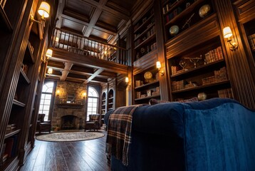 Naklejka premium Low Angle View of Luxurious Home Library with High Bookshelves and Grand Sofa