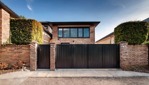 modern home standing behind closed black metal gates and brick pillars offering security for a private residence