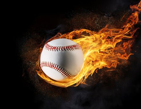 flaming softball ball in mid air with sparks and smoke on black background