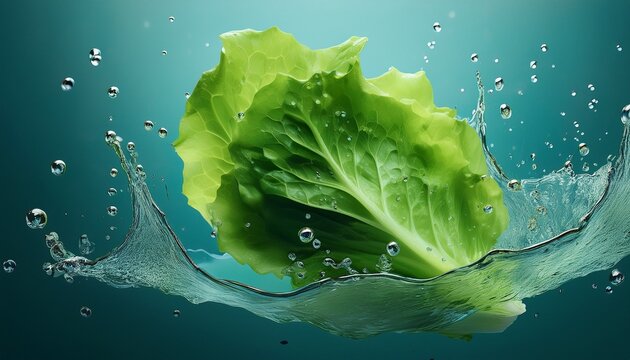 fresh lettuce leaf floating with water droplets minimalist food ingredient