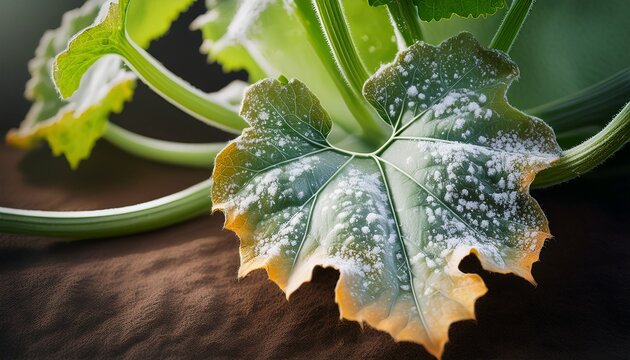 a problematic leaf on a zucchini plant powdery mildew and chlorosis on the leaves