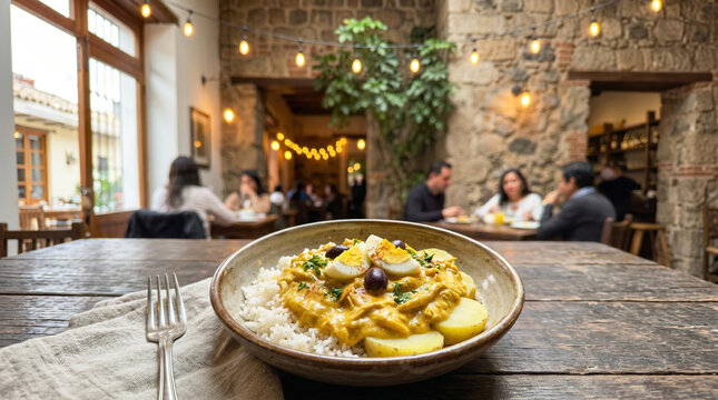 Aj&iacute; de gallina with rice and olives. Traditional Peruvian creamy chicken dish. Delicious food, Peru