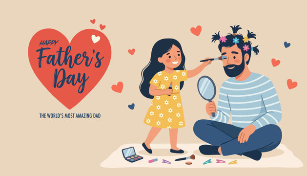 Happy father's day greeting card with daughter applying makeup to dad. Cute flat vector illustration of dad and daughter spending time together. Funny, cute father's day concept