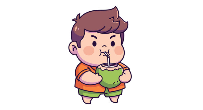 Cute cartoon boy happily drinking from green cup.