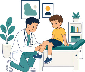 Fototapeta premium Doctor examining a young boys leg in a medical setting.