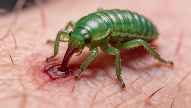 Macro close-up of a green insect parasite feeding on human skin. Blood visible from insect bite