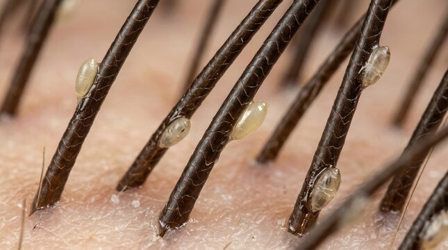 Macro close-up of multiple head louse nits on human hair and scalp. Evidence of pediculosis infestation