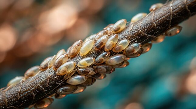 Macro close-up of a cluster of louse nits on a hair strand. Pediculosis infestation with multiple parasite eggs. Medical and hygiene concept