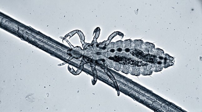 Microscopic view of a human head louse, Pediculus humanus capitis, clinging to a hair strand. Parasite infestation