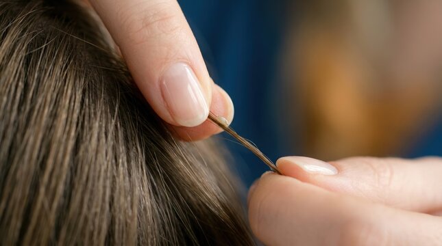 Close-up of hands removing a nit from a dark hair strand. Manual lice egg removal process for pediculosis treatment