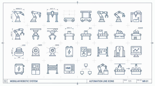 Modular Robotic System Icons: Automation Line, Manufacturing, Industry 4.0