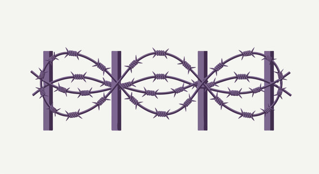 Purple barbed wire fence on wooden posts isolated on white background