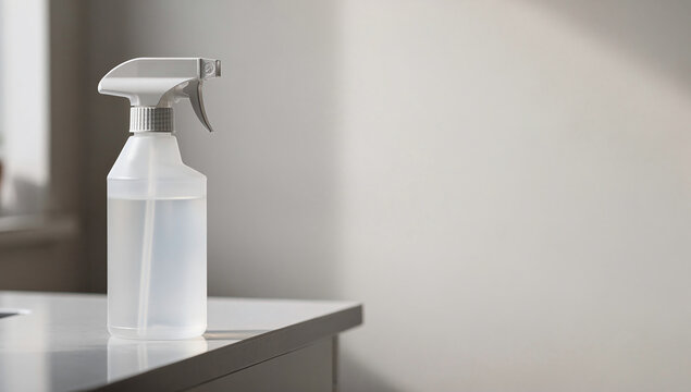 Semi transparent plastic spray bottle filled with clear liquid standing on edge of white table against plain wall background