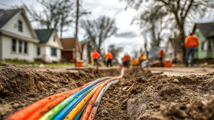 Naklejka premium Fiber optic cables in ground trench on construction site, underground internet infrastructure installation in residential neighborhood area with blurred workers