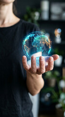 Fototapeta premium Hand holding holographic globe, futuristic digital earth in dark room