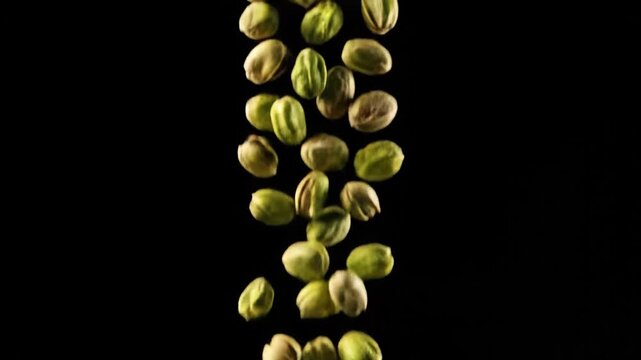 Pistachios falling in slow motion on a black background healthy snack concept