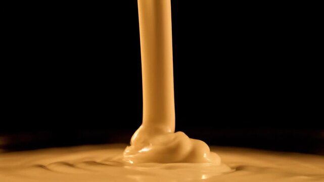 Smooth golden caramel sauce pouring and dripping onto a flat surface creating ripples and a rich glossy texture against a dark background