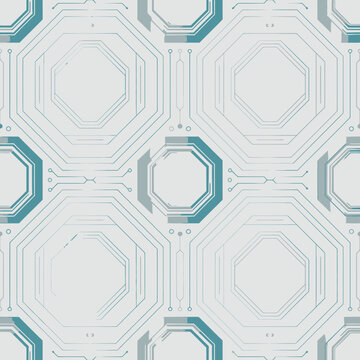 Seamless futuristic geometric pattern featuring concentric octagons and technical lines in teal and light grey for sci-fi interface or digital background design